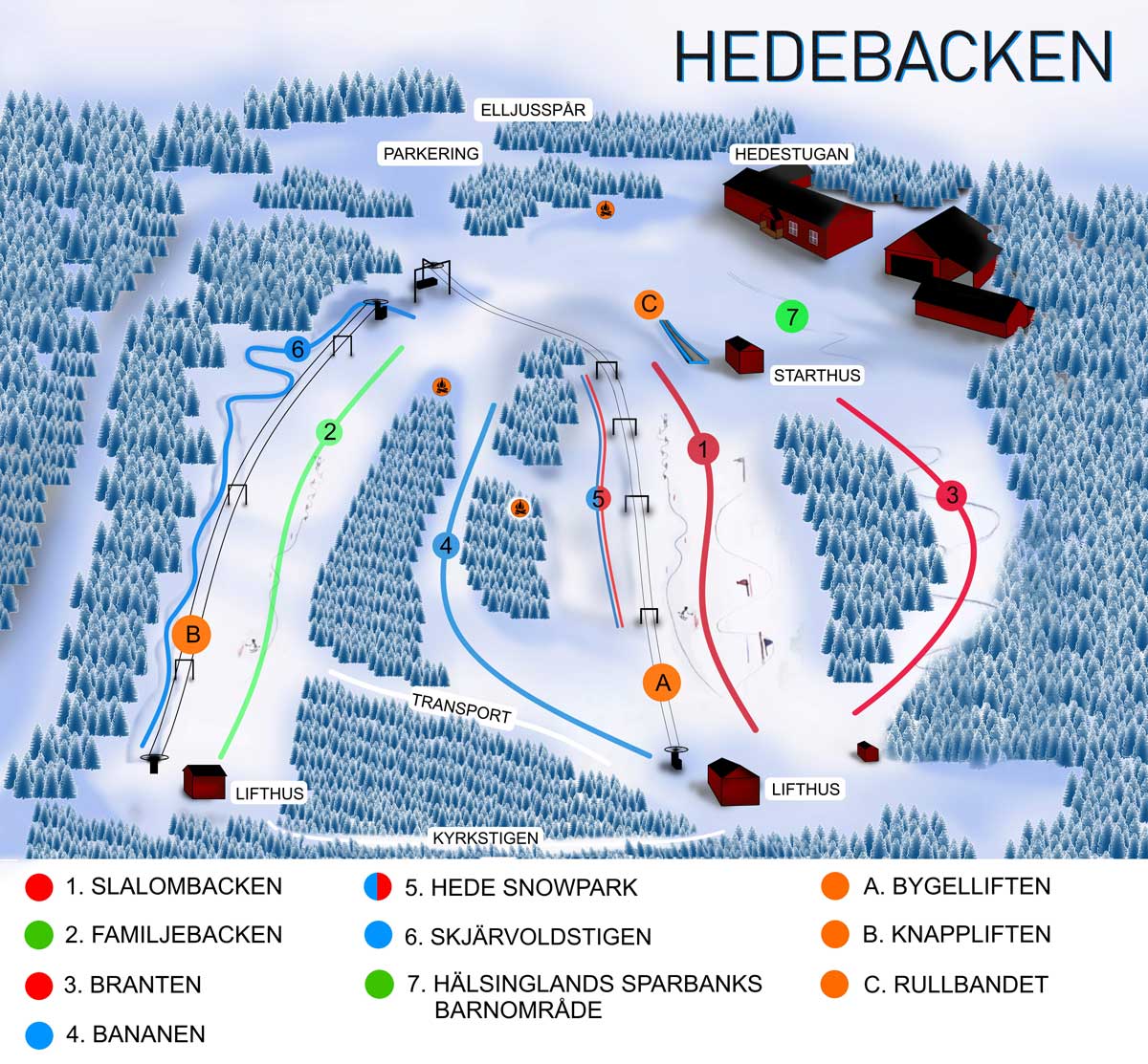 Pistkarta över Hedebacken med backar, lifter och Hedestugan